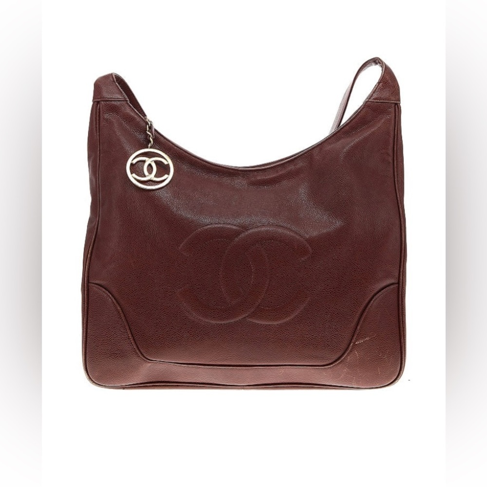 Authentic CHANEL Caviar Hobo Shoulder Bag - Cognac Brown